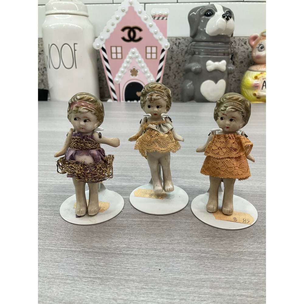 ViINTAGE FLAPPER TRIO BISQUE PORCELAIN JOINTED ARMS BABY DOLLS 1930's